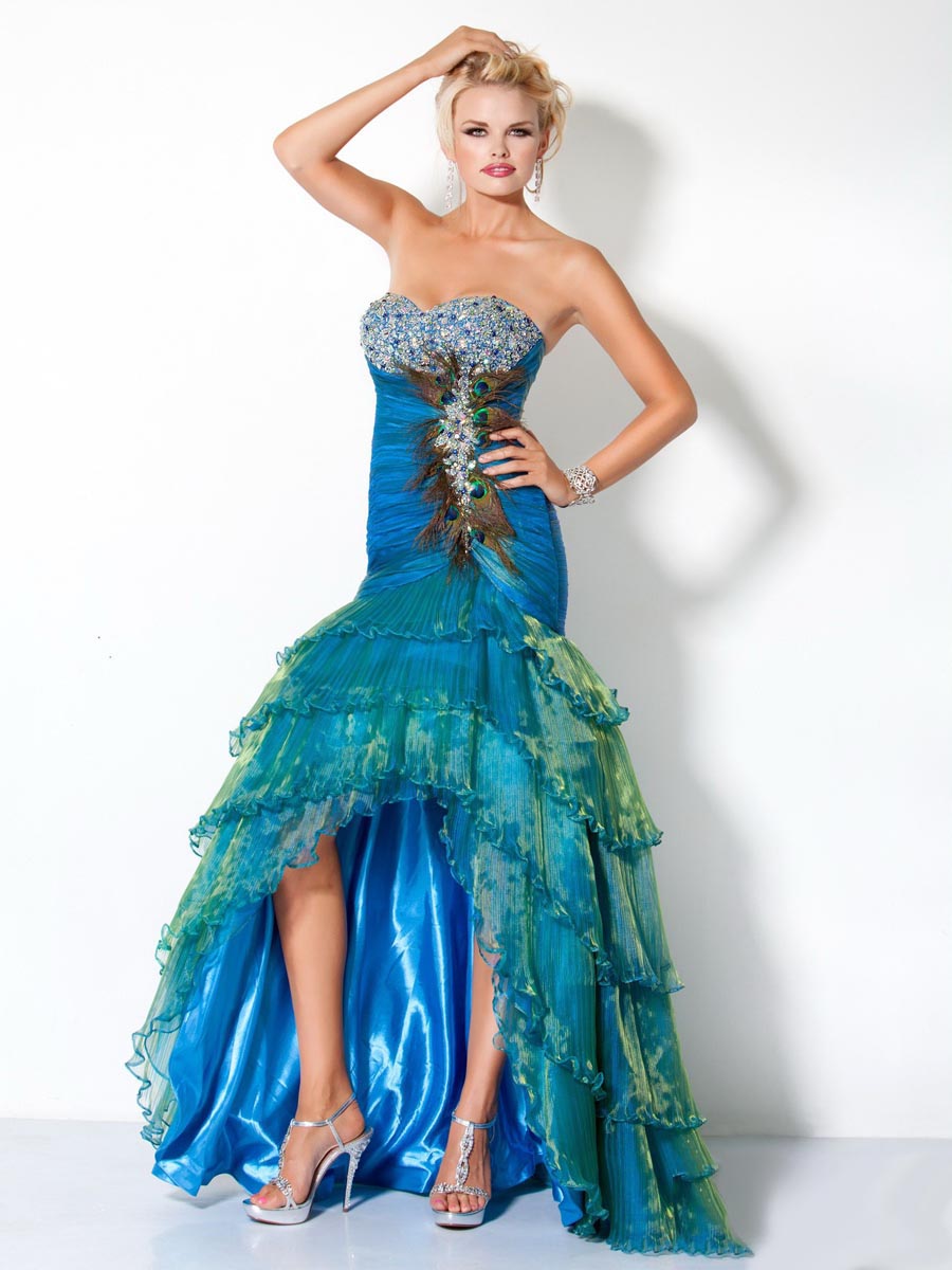 Blue And Green Mermaid Sweetheart High Low Length Zipper Tiered Prom Dresses With Beadings And Tulle 