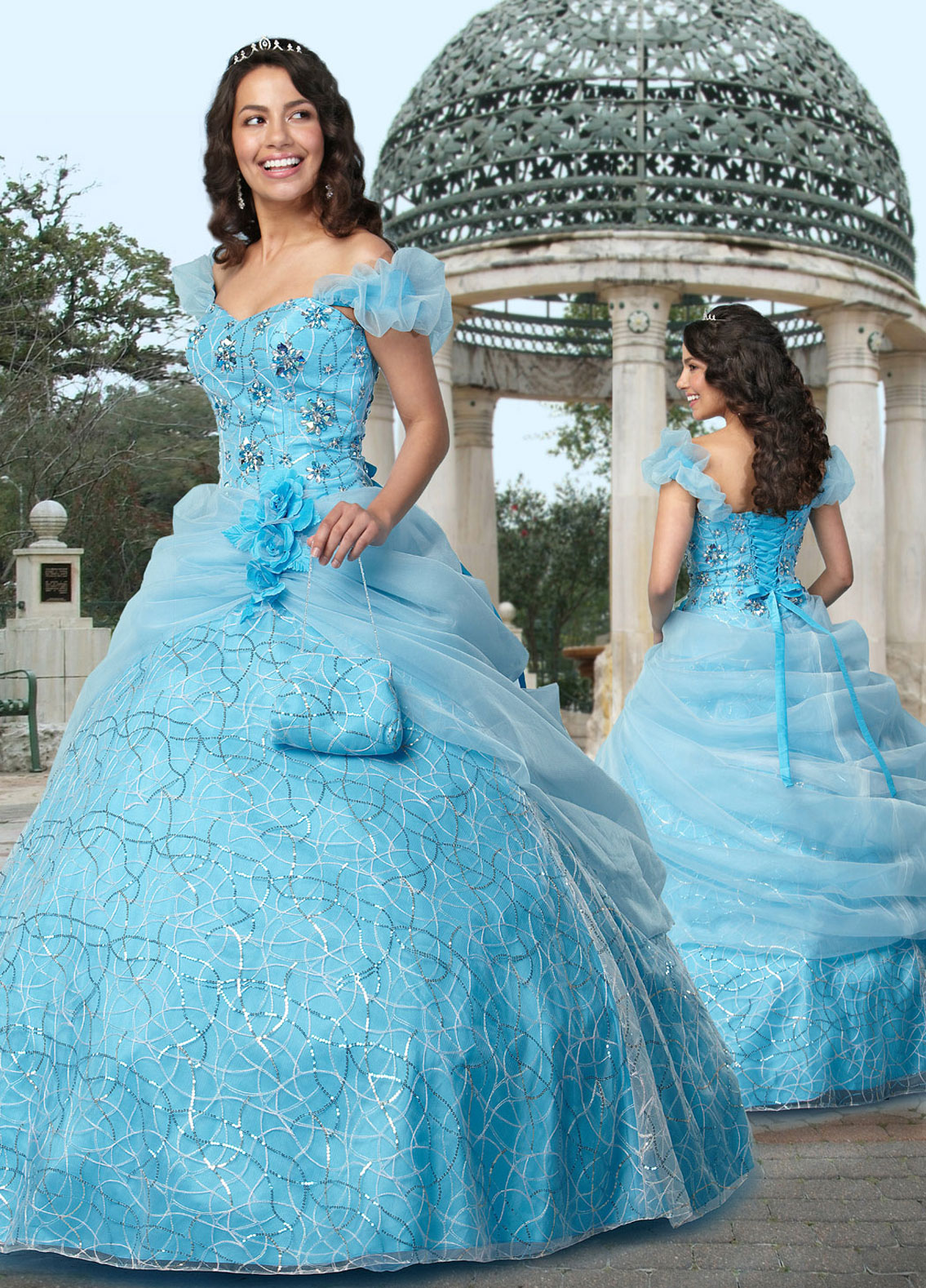 Light Blue Ball Gown Off The Shoulder Lace Up Full Length Sequin Quinceanera Dresses