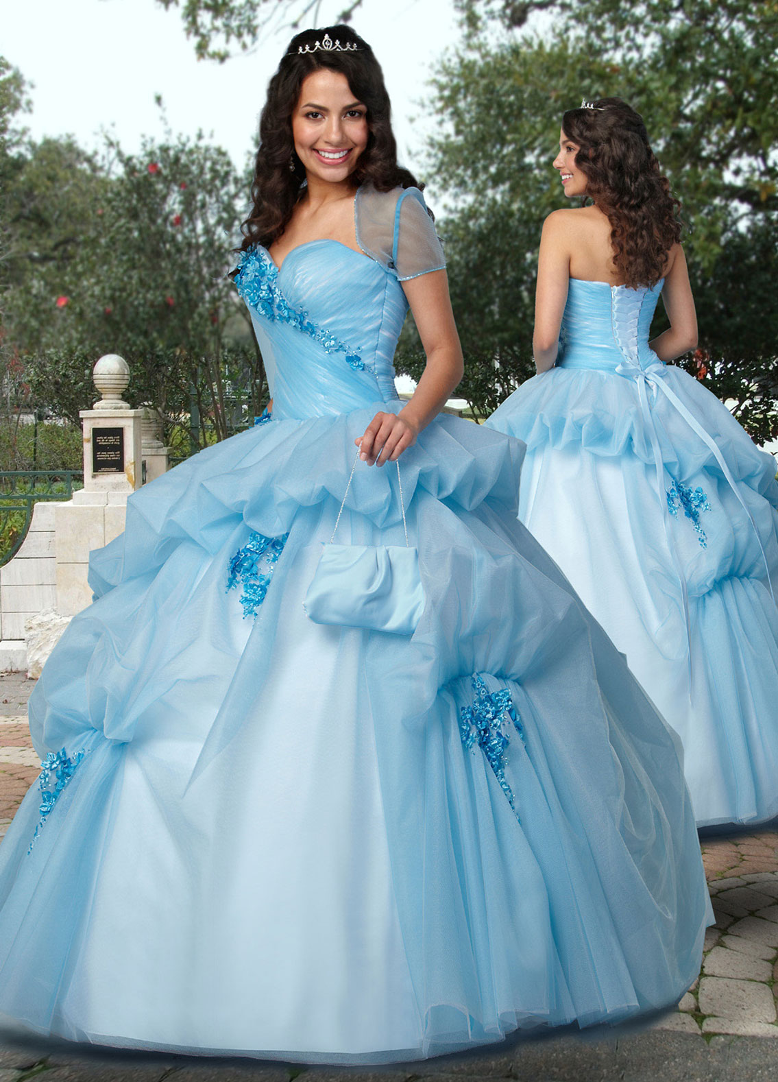 Light Blue Ball Gown Strapless Sweetheart Lace Up Ruffled Full Length Quinceanera Dresses With Flowers