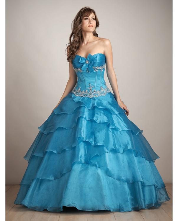 Blue Ball Gown Strapless Zipper Full Length Beading Embroidered Quinceanera Dresses With Ruffles