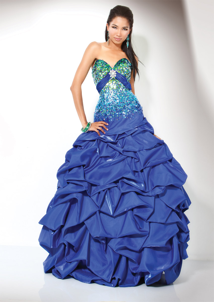Blue Ball Gown Sweetheart Full Length Zipper Prom Dresses With Sequines And Ruffles