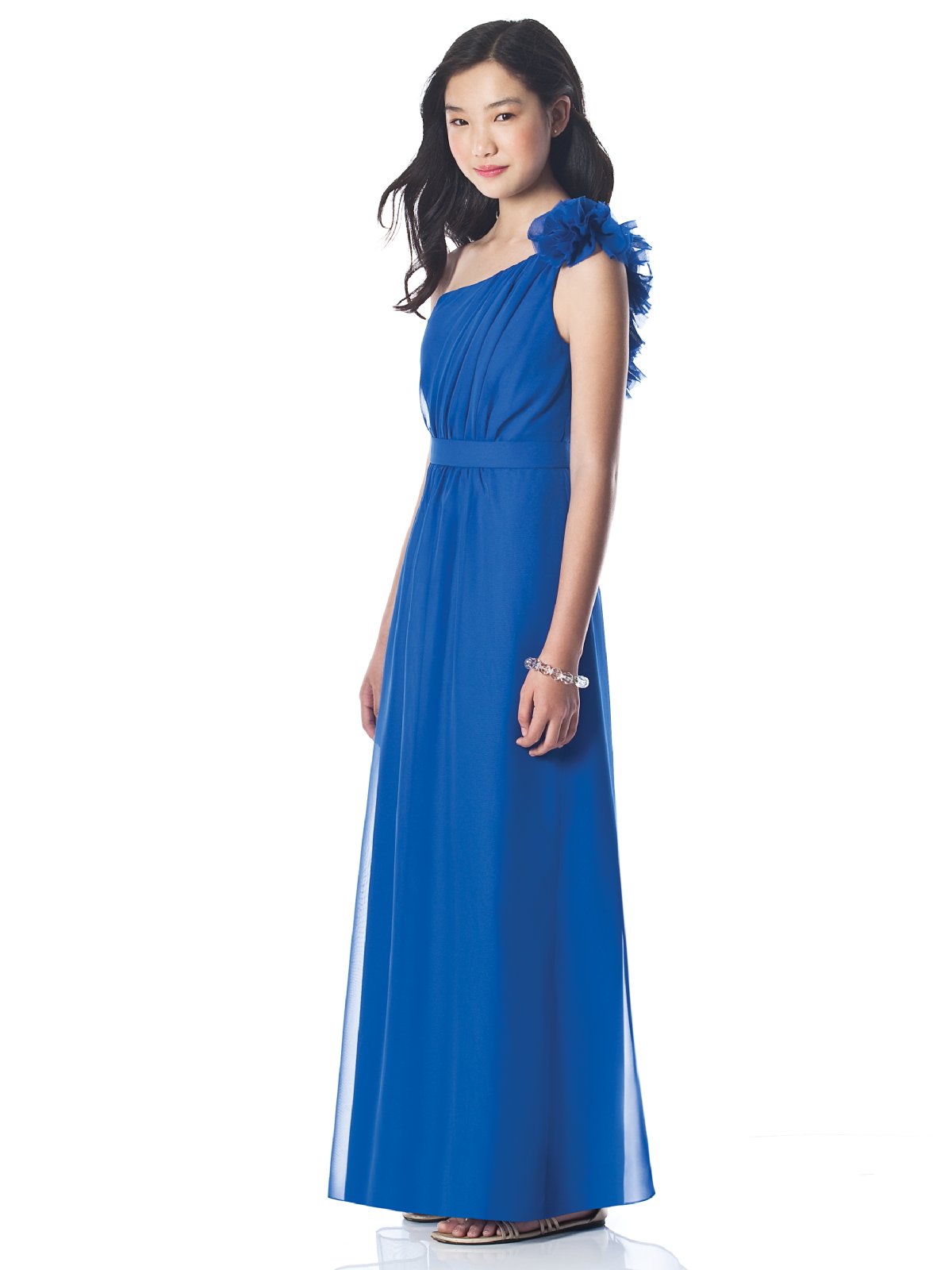 Royal Blue Column One Shoulder Low Back Ankle Length Draped Prom Dresses With Flowers 