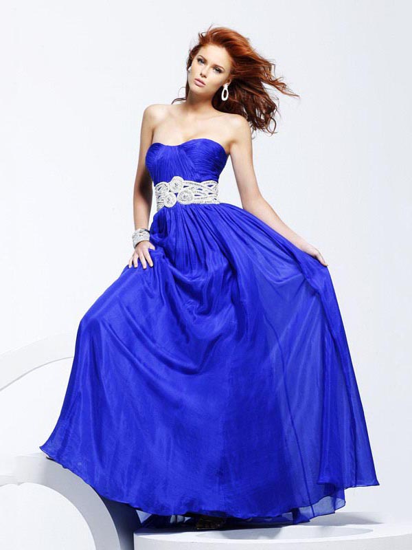 Column Strapless Sweetheart Full Length Sweep Train Pleated Blue Evening Dresses With Belt 