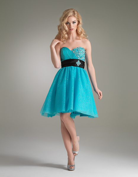 Blue A Line Strapless Sweetheart Knee Length Zipper Cocktail Dresses With Beads And Sash