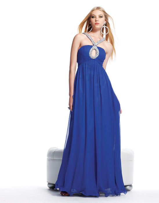 Royal Blue Empire Cross Halter Low Back Full Length Evening Dresses With Sequins And Ruffles 