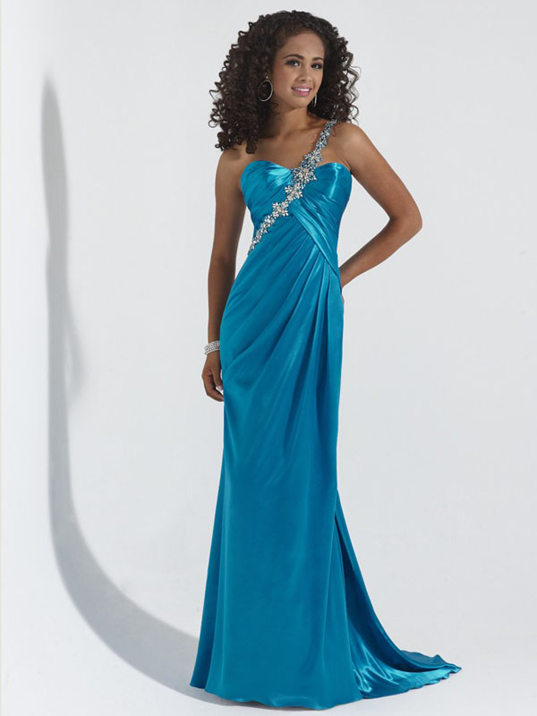 Teal Empire One Shoulder Low Back Sweep Train Pleats Beading Floor Length Evening Dresses