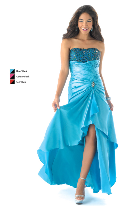 Blue Mermaid Strapless Lace Up High Low Satin Prom Dresses With Beading And Drapes
