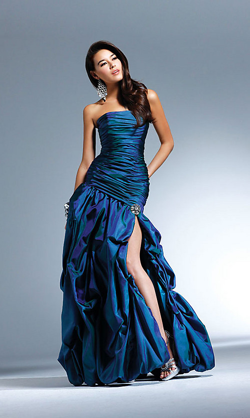 Dark Blue Mermaid Strapless Full Length Evening Dresses With Beading And Ruches And High Slit 