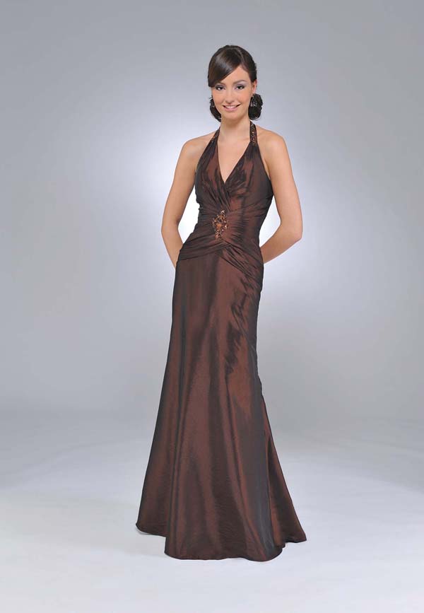 Brown A Line Halter And V Neck Zipper Floor Length Beading And Ruffles Prom Dresses