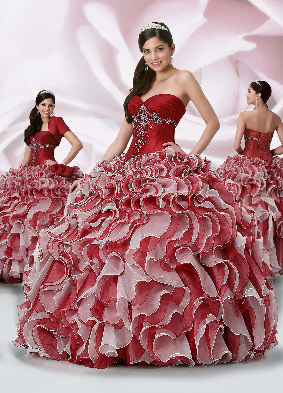 Red And White Ball Gown Strapless Sweetheart Lace Up Floor Length Quinceanera Dresses With Beading And Ruffles 