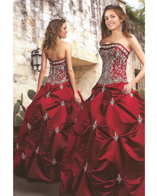 Burgundy Strapless Zipper Floor Length Ball Gown Quinceanera Dresses With Embroidery And Twist Drapes