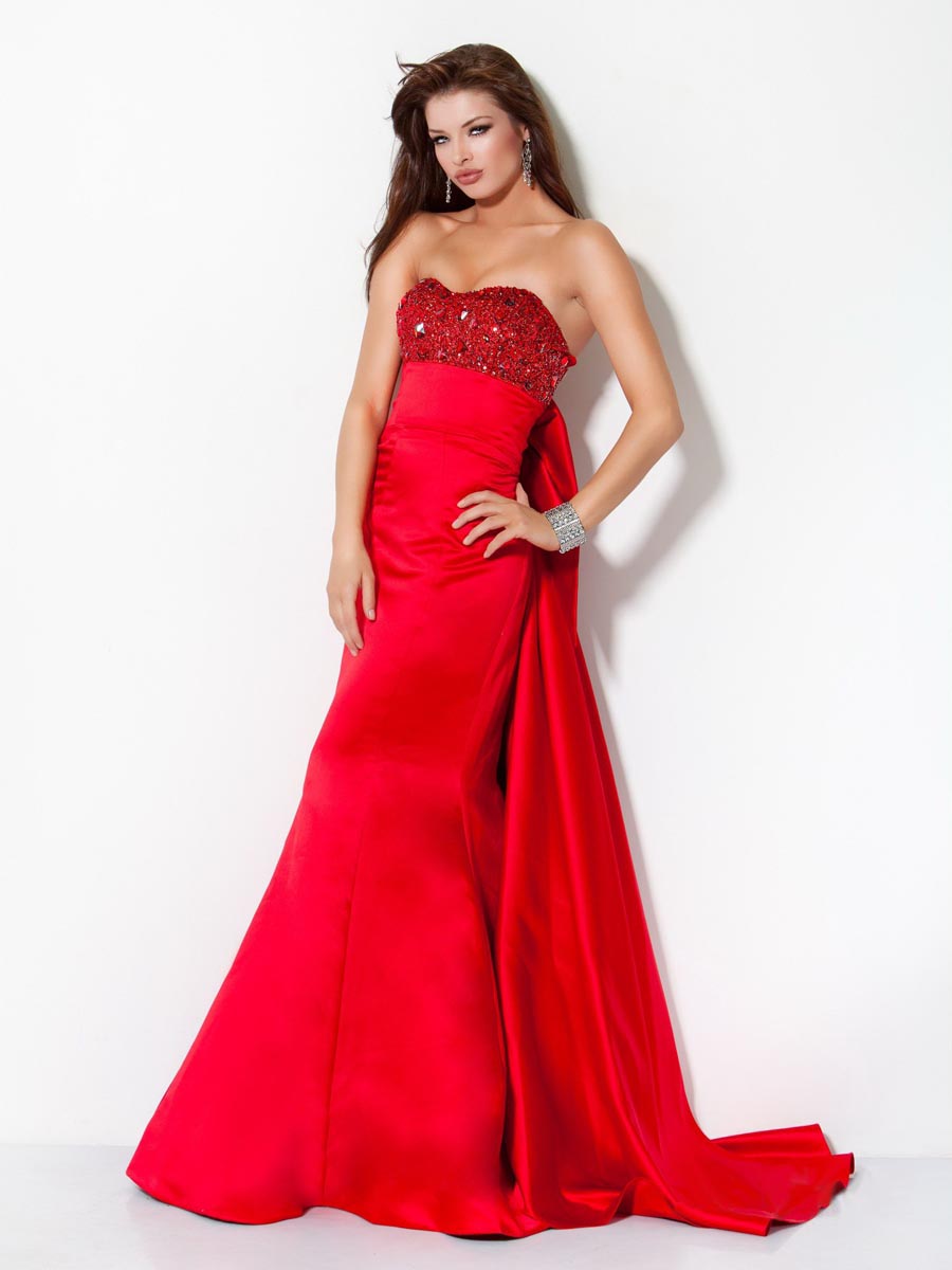 Red Mermaid Sweetheart Full Length Zipper Sweep Brush Train Satin Evening Dresses With Beads And Bowknot
