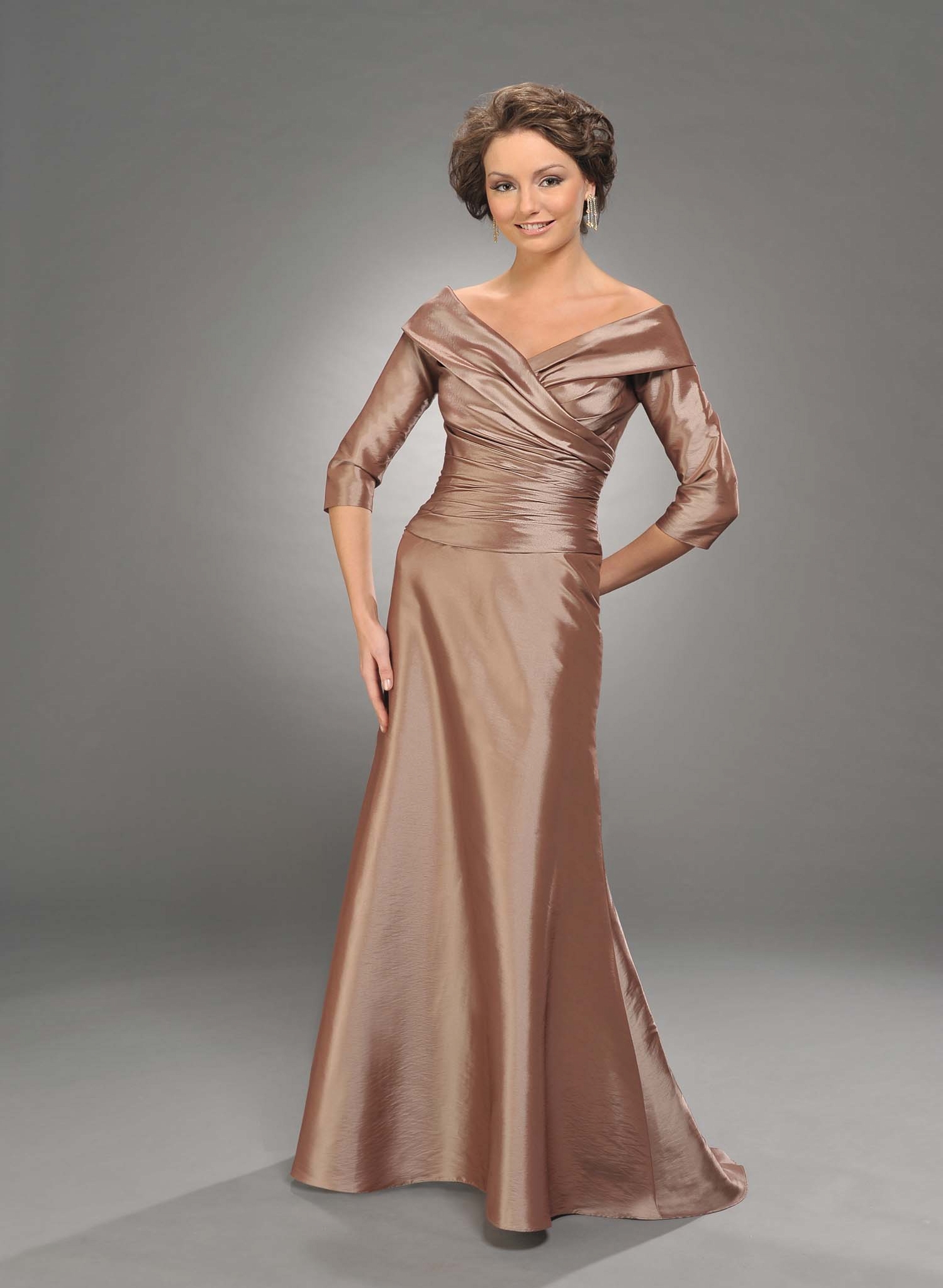 Champagne A Line V Neck Half Sleeves Full Length Mother Of Bride Dresses With Drapes