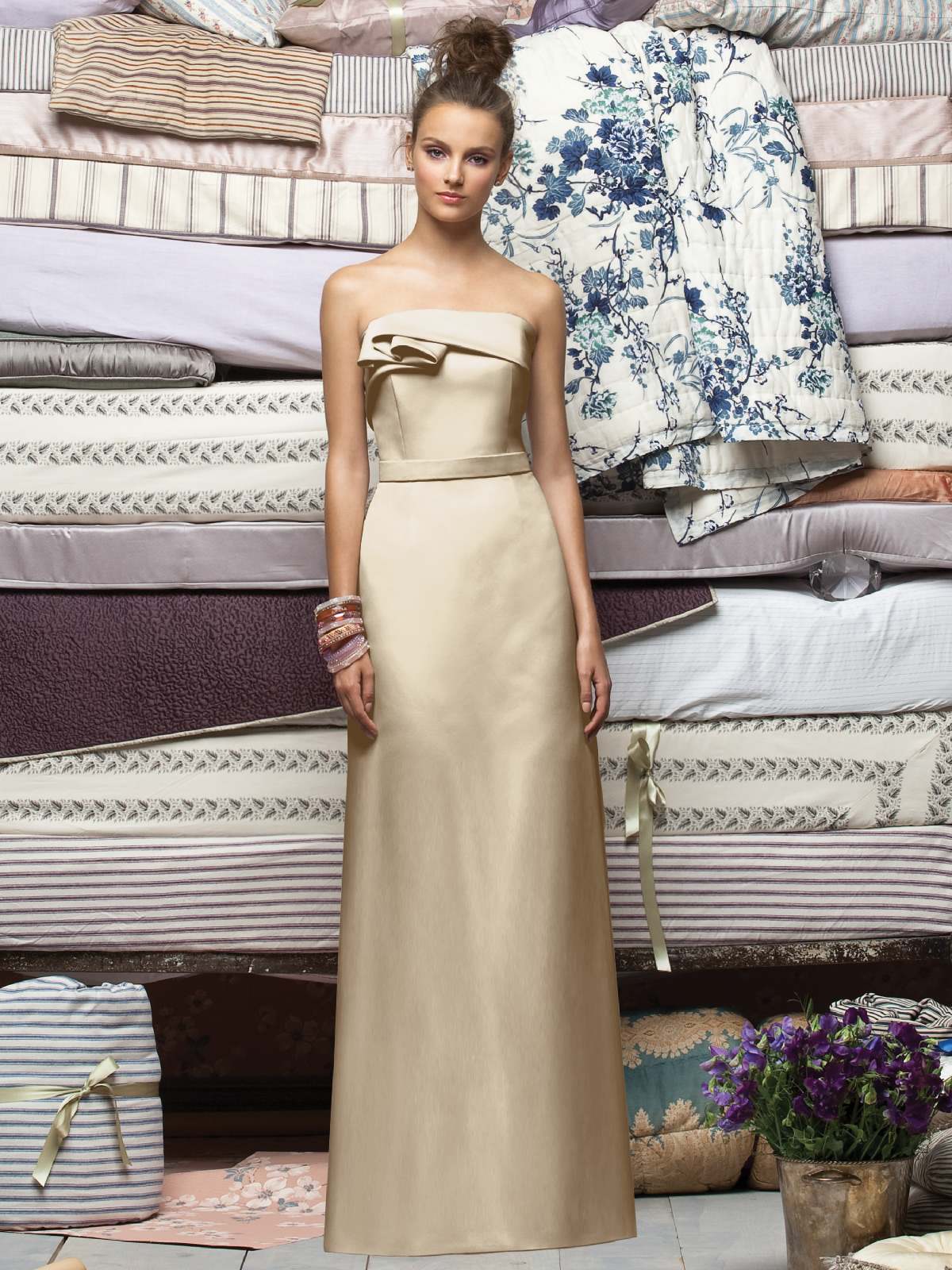 Champagne Column Strapless Zipper Floor Length Satin Prom Dresses With Blet