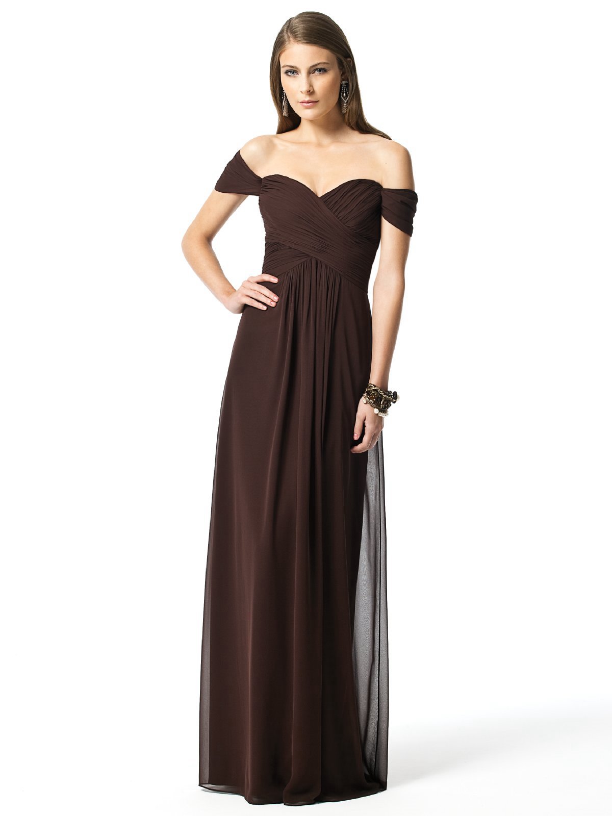Chocolate Column Off The Shoulder And Sweetheart Zipper Pleats Floor Length Chiffon Prom Dresses