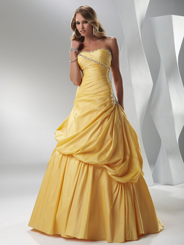 Yellow A Line Strapless Sweetheart Lace Up Full Length Prom Dresses With Beading And Ruffles 