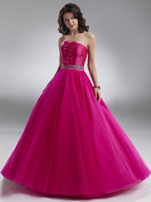 Fuchsia A Line Strapless Lace Up Pleats Full Length Organza Prom Dresses