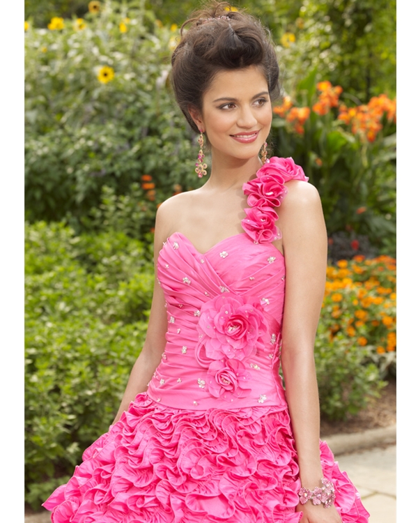 Fuchsia Ball Gown One Shoulder Lace Up Full Length Pleated Quinceanera Dresses With Sequins And Flowers