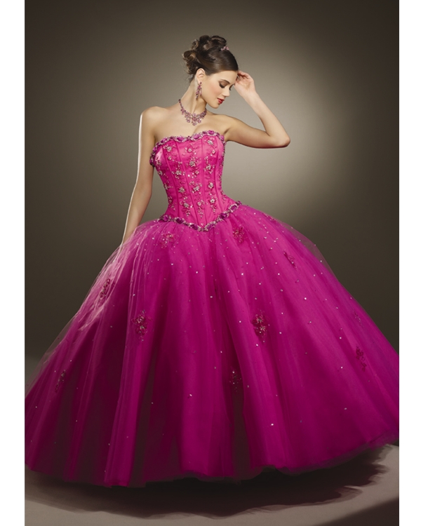 Fuchsia Ball Gown Strapless Lace Up Floor Length Beading Trimmed Tulle Quinceanera Dresses