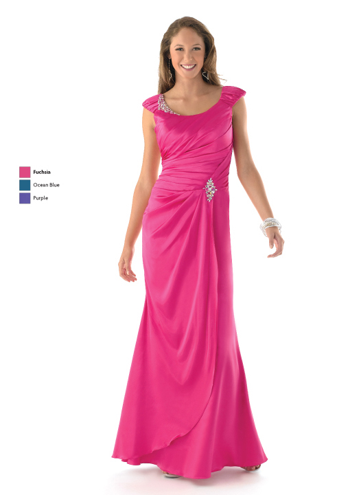 Fuchsia Column Scoop And Cap Sleeves Ankle Length Satin Prom Dresses With Beading And Ruffles 