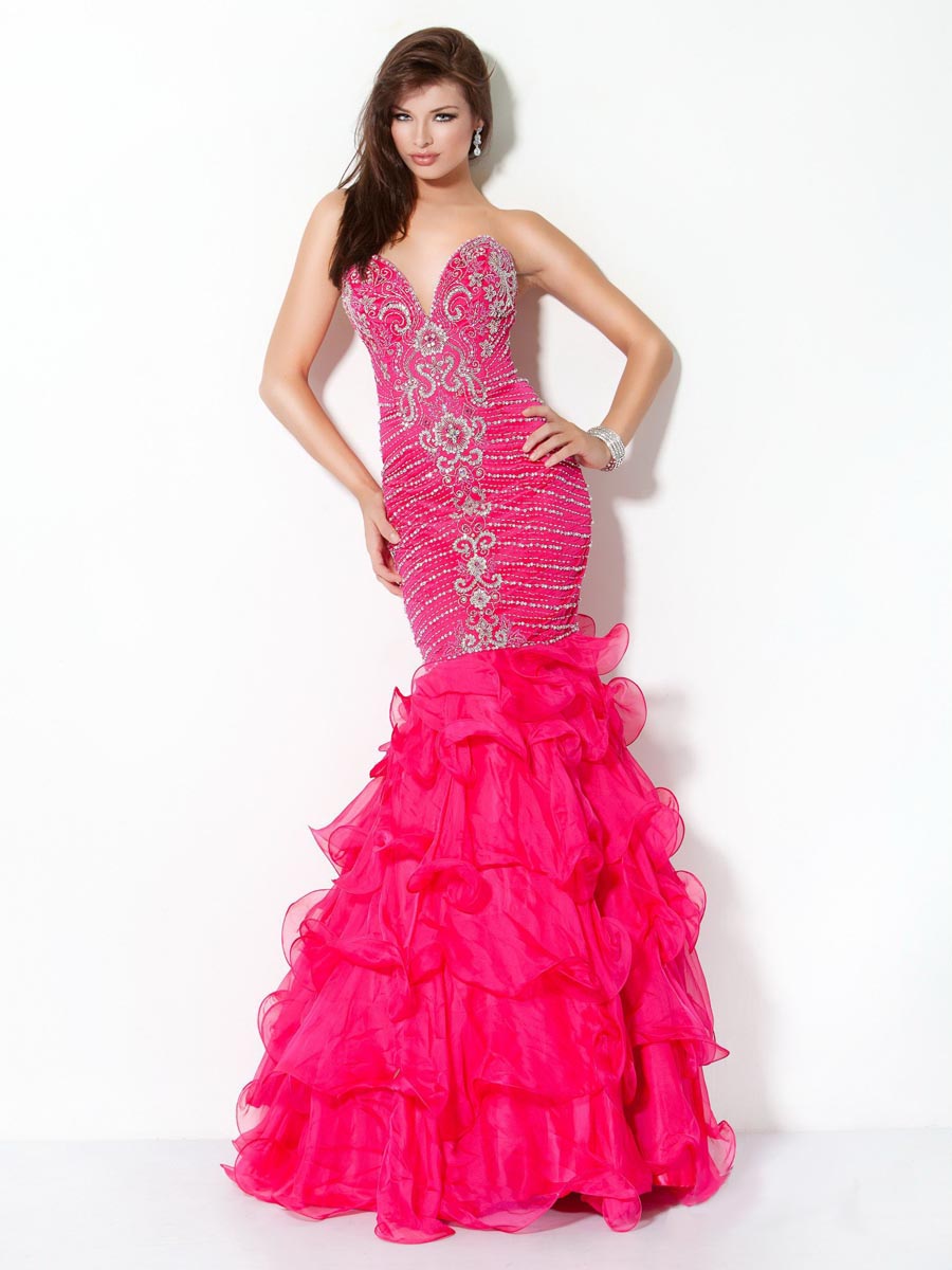Fuchsia Mermaid Strapless Sweetheart Low Back Floor Length Tiered Evening Dresses With Beading And Ruffles 