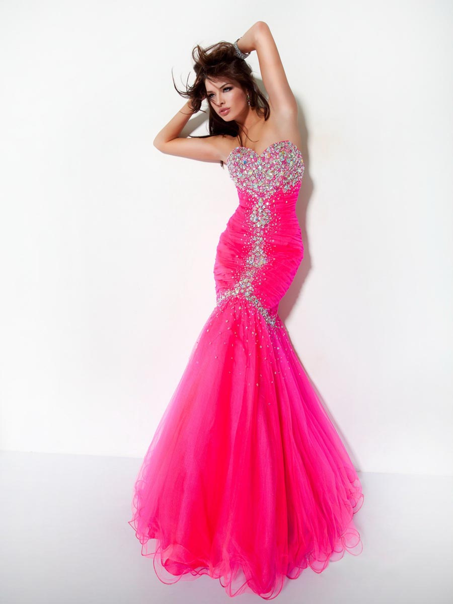 Fuchsia Mermaid Sweetheart Strapless Floor Length Tulle Evening Dresses With Beading And Ruffles 