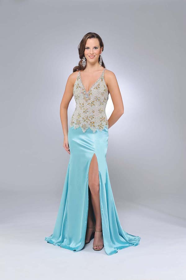 Gold And Aqua Column Spaghetti Straps And V Neck Backless Sweep Train Full Length Satin Prom Dresses With Beading And High Slit 
