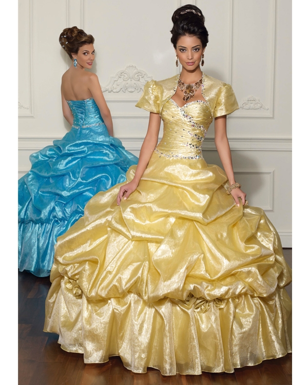 Gold Ball Gown Strapless Sweetheart Lace Up Full Length Quinceanera Dresses With Jewel And Ruffles 