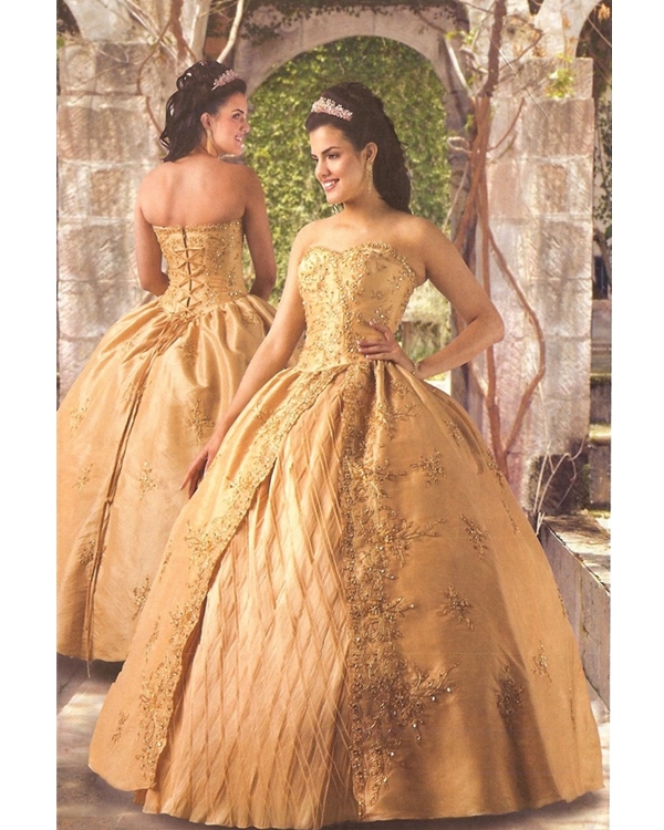 Gold Ball Gown Strapless Sweetheart Lace Up Full Length Beaing Embroidered Quinceanera Dresses