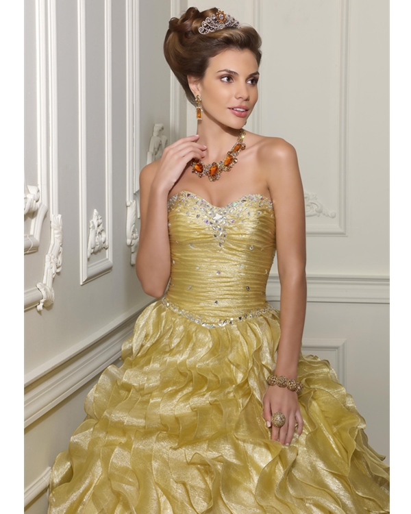 Sweetheart And Strapless Lace Up Floor Length Gold Ball Gown Quinceanera Dresses With Beading And Ruffles 