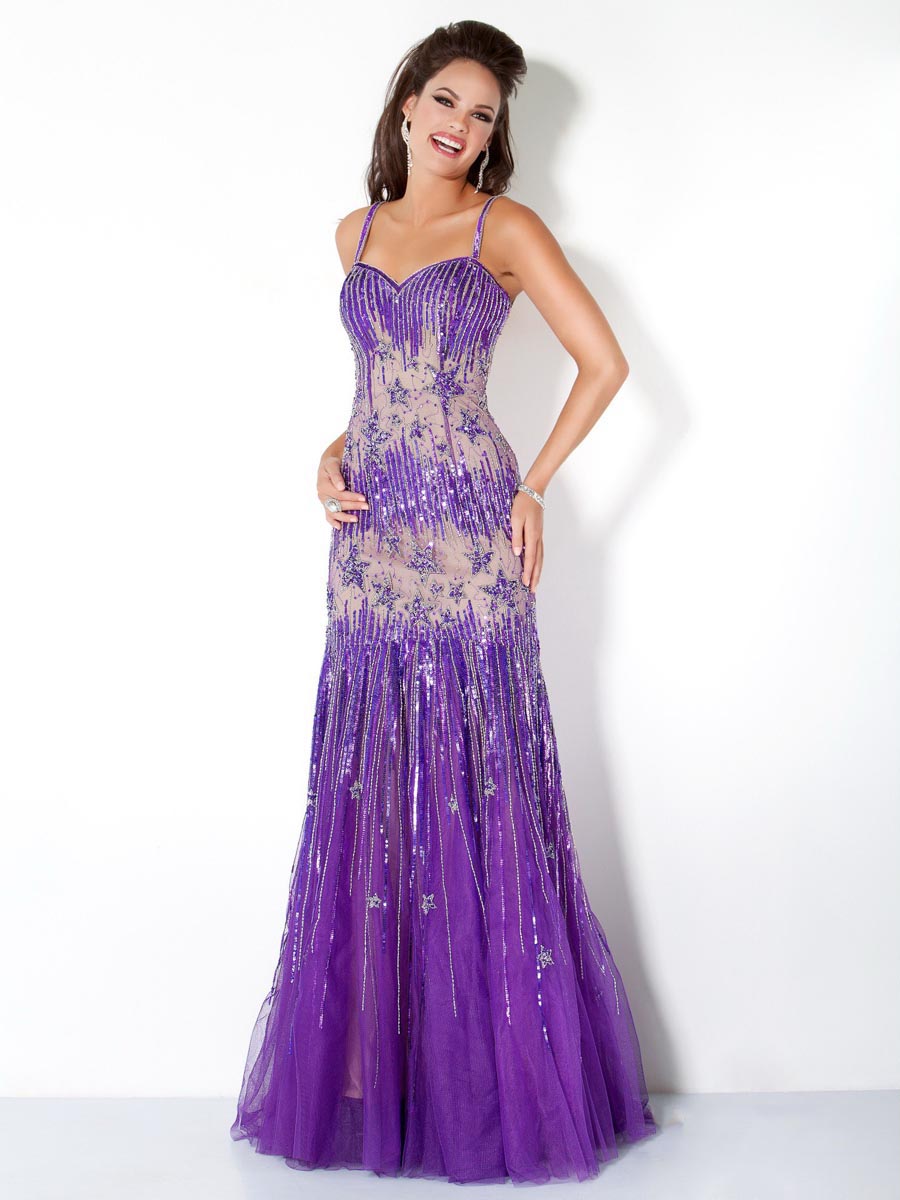 Purple Mermaid Spaghetti Straps Floor Length Sweep Brush Train Sequined Evening Dresses