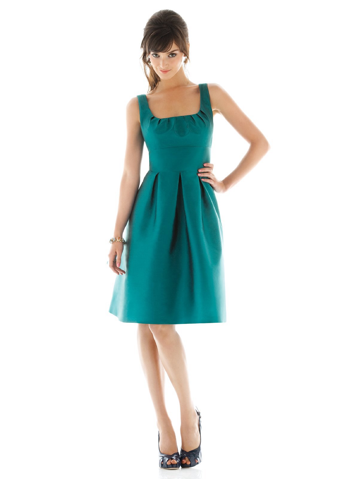 Teal A Line Square Neck Knee Length Satin Prom Dresses With Draped Skirt 