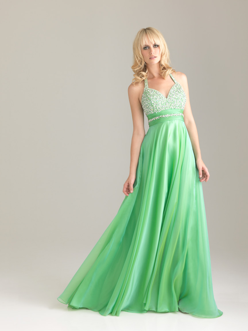 Elegant Bud Green A Line Halter Full Length Zipper Sequined Prom Dresses