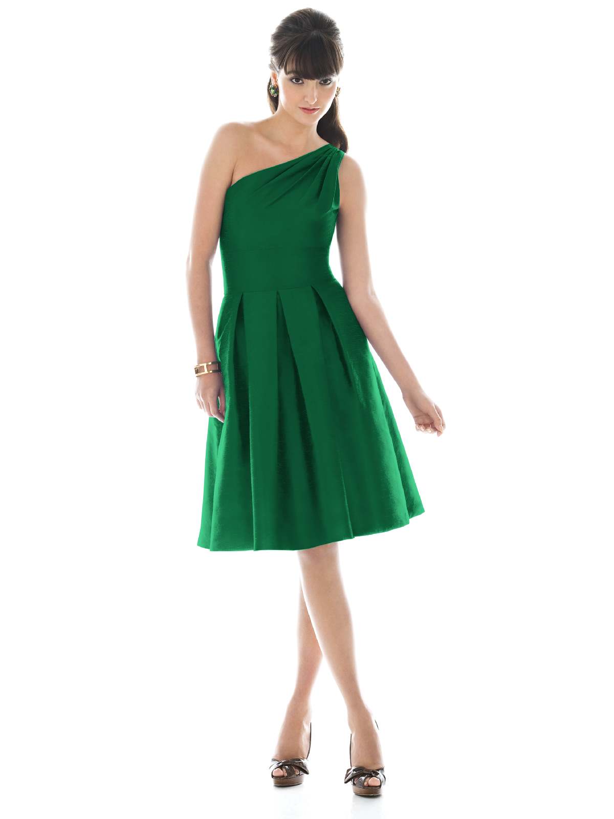 Green A Line One Shoulder Zipper Knee Length Satin Prom Dresses With Draped Skirt 