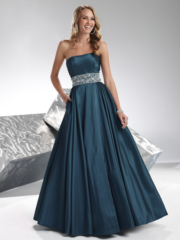 Dark Cyan A Line Strapless Lace Up Beadings Pleats Full Length Prom Dresses