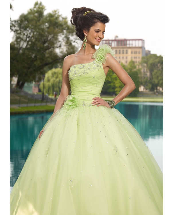 Sage Ball Gown One Shoulder Lace Up Full Length Quinceanera Dresses With Beading And Roses