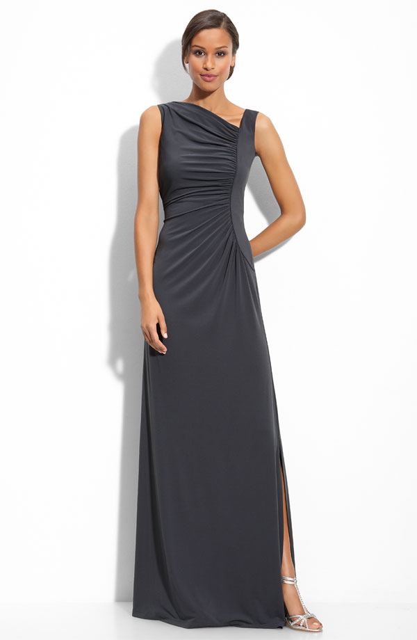 Grey Column Sleeveless Asymmetrical Floor Length Chiffon Prom Dresses With Draped And Side Slit 