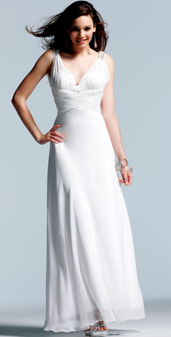 White A Line V Neck And Strap Low Back Beading And Pleated Floor Length Chiffon Evening Dresses