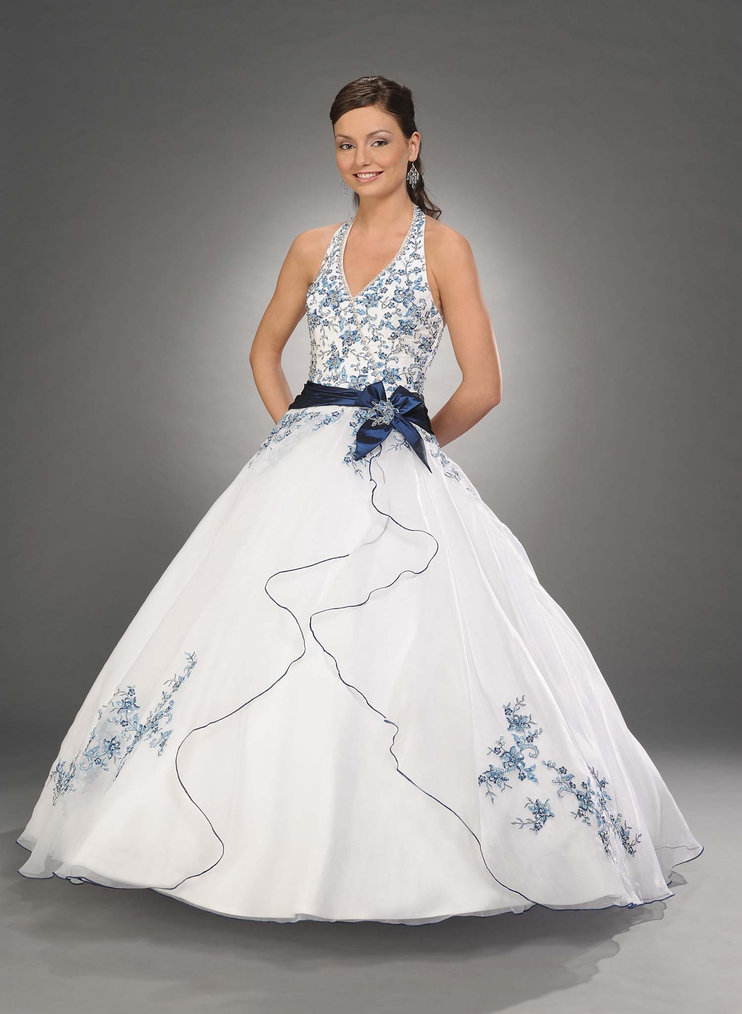 Ivory A Line Halter And V Neck Zipper Full Length Quinceanera Dresses With Navy Embroidery And Sash