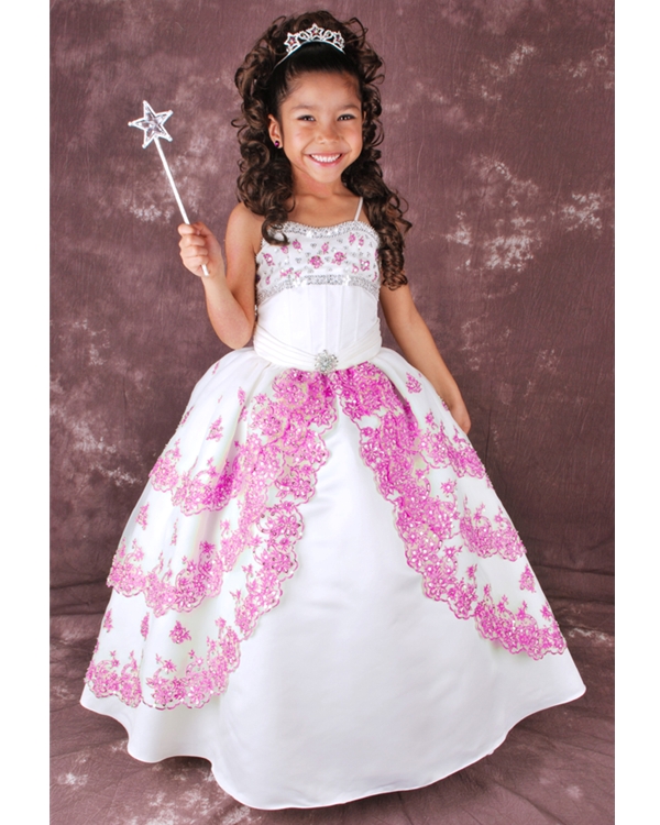 White Ball Gown Spaghetti Straps Lace Up Floor Length Flower Girl Dresses With Pink Appliques