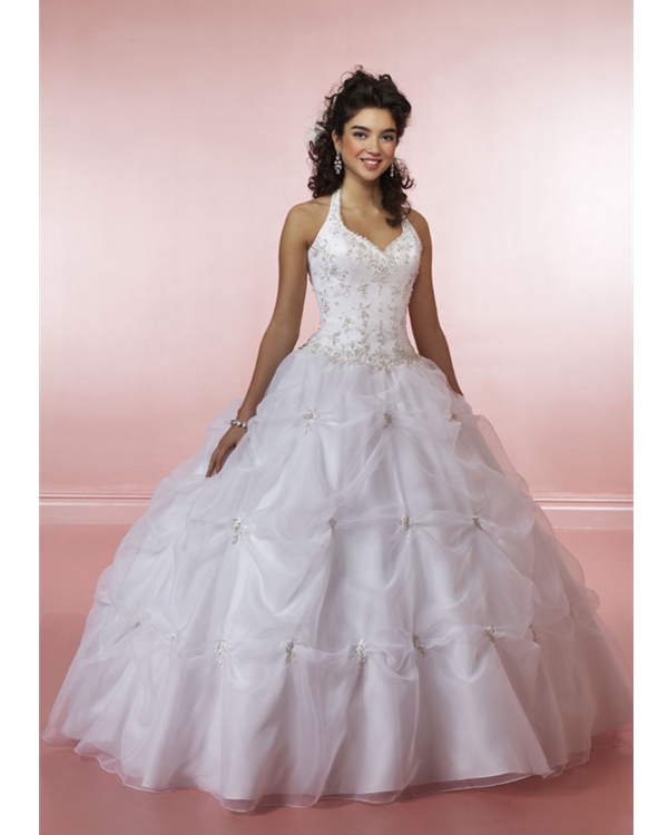 White Ball Gown Halter Lace Up Floor Length Emrboidered And Pleated Quinceanera Dresses