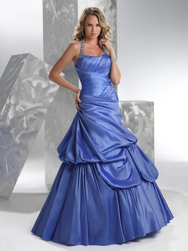 Blue A Line Beaded Halter Low Back Floor Length Satin Prom Dresses With Twist Drapes
