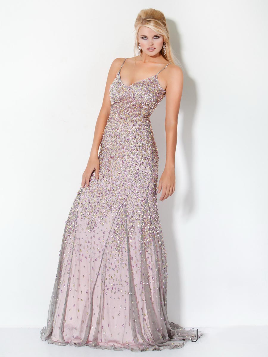 Column Spaghetti Straps Full Length Zipper Sweep Train Pearl Pink Evening Dresses With Sequins