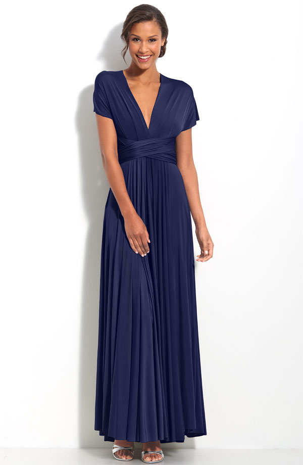 Navy Blue Deep V Neck And Short Sleevess Ankle Length Pleated Mother Of Bride Dresses