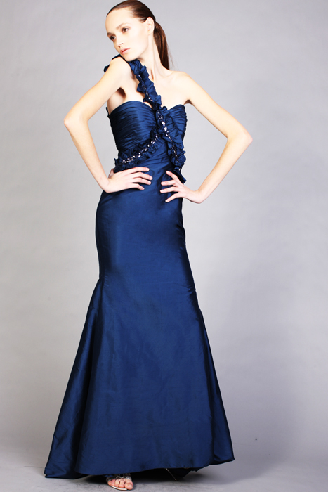 Navy Blue Mermaid One Shoulder Zipper Ankle Length Evening Dresses With Crystals And Ruches