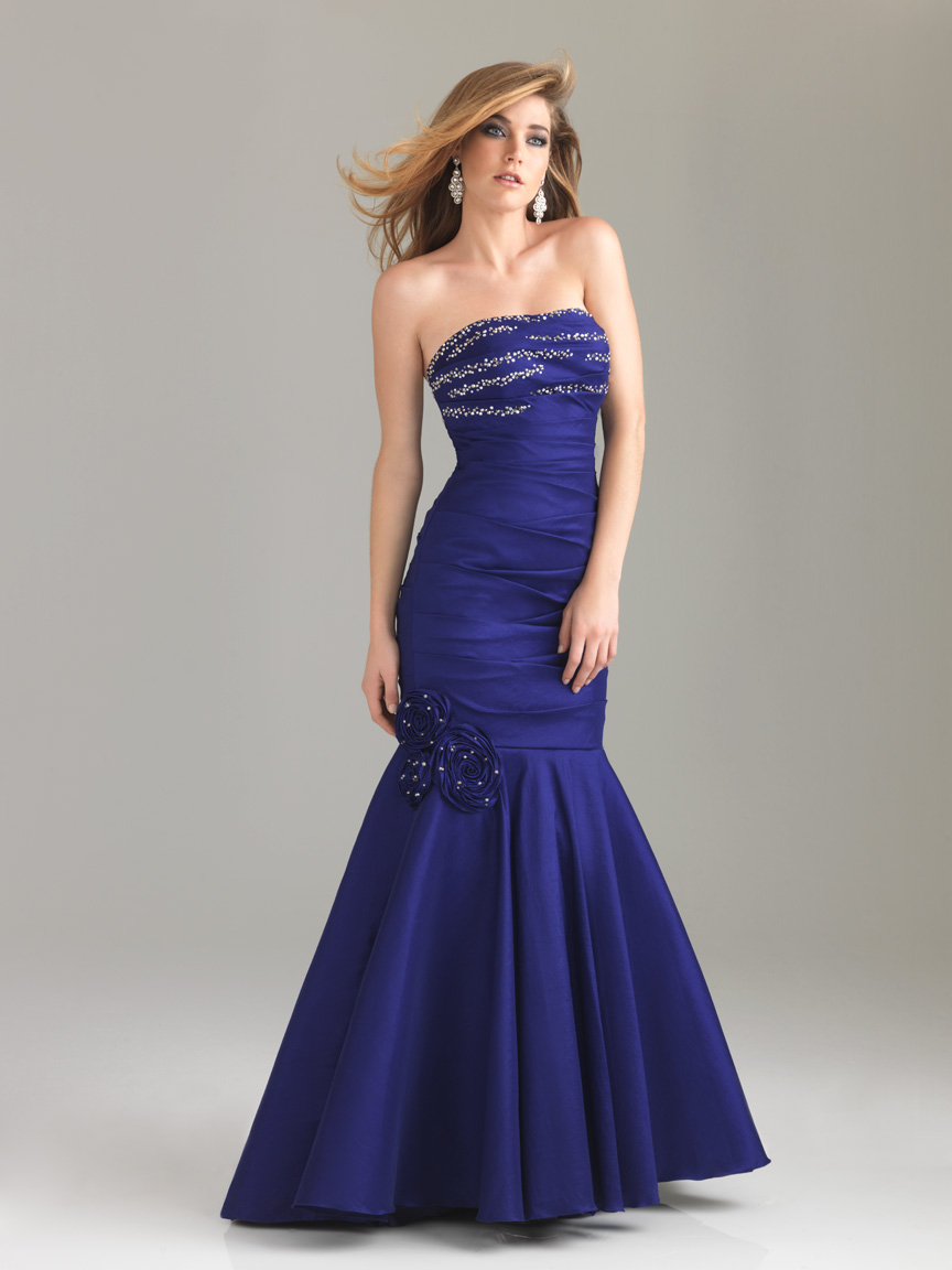 Dark Royal Blue Mermaid Strapless Full Length Zipper Satin Prom Dresses With Beading 