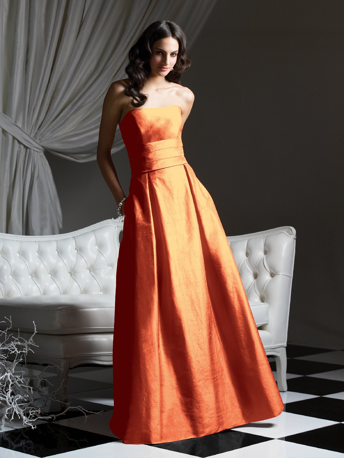 Orange A Line Strapless Zipper Floor Length Prom Dresses With Draped Waist