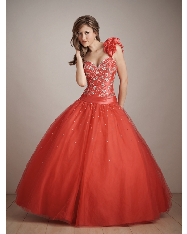 Coral Red Ball Gown One Shoulder And Sweetheart Full Length Quinceanera Dresses With Beading And Sequins