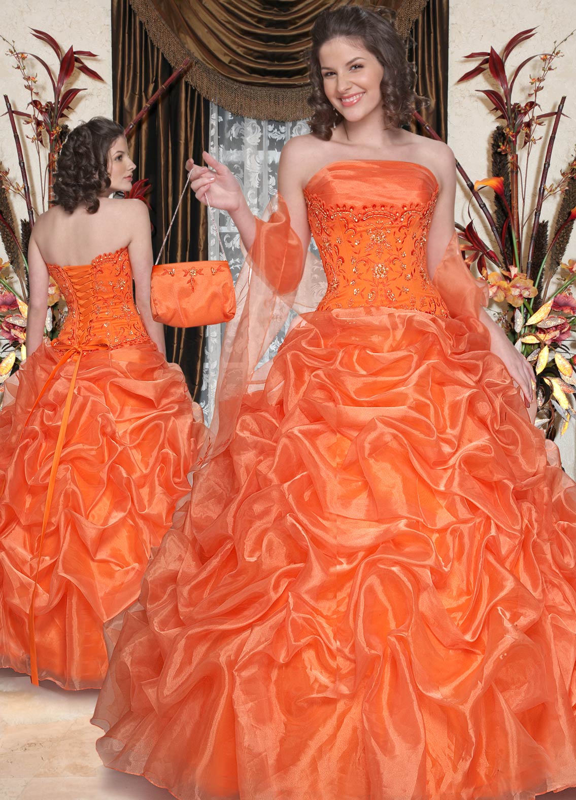 Orange Ball Gown Strapless Lace Up Full Length Quinceanera Dresses With Beading And Ruffles 