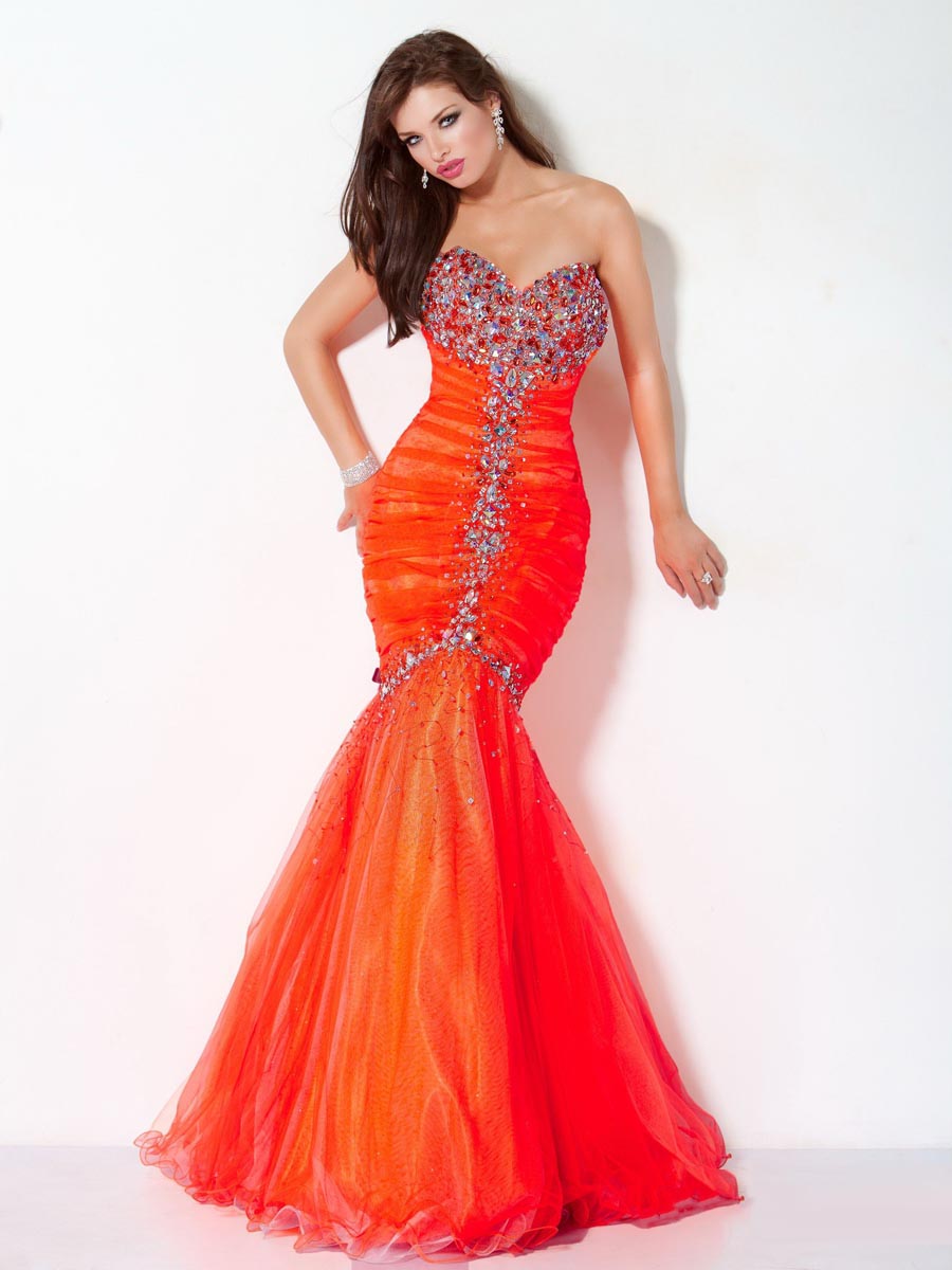 Orange Mermaid Strapless Sweetheart Zipper Full Length Evening Dresses With Jewel And Ruffles 